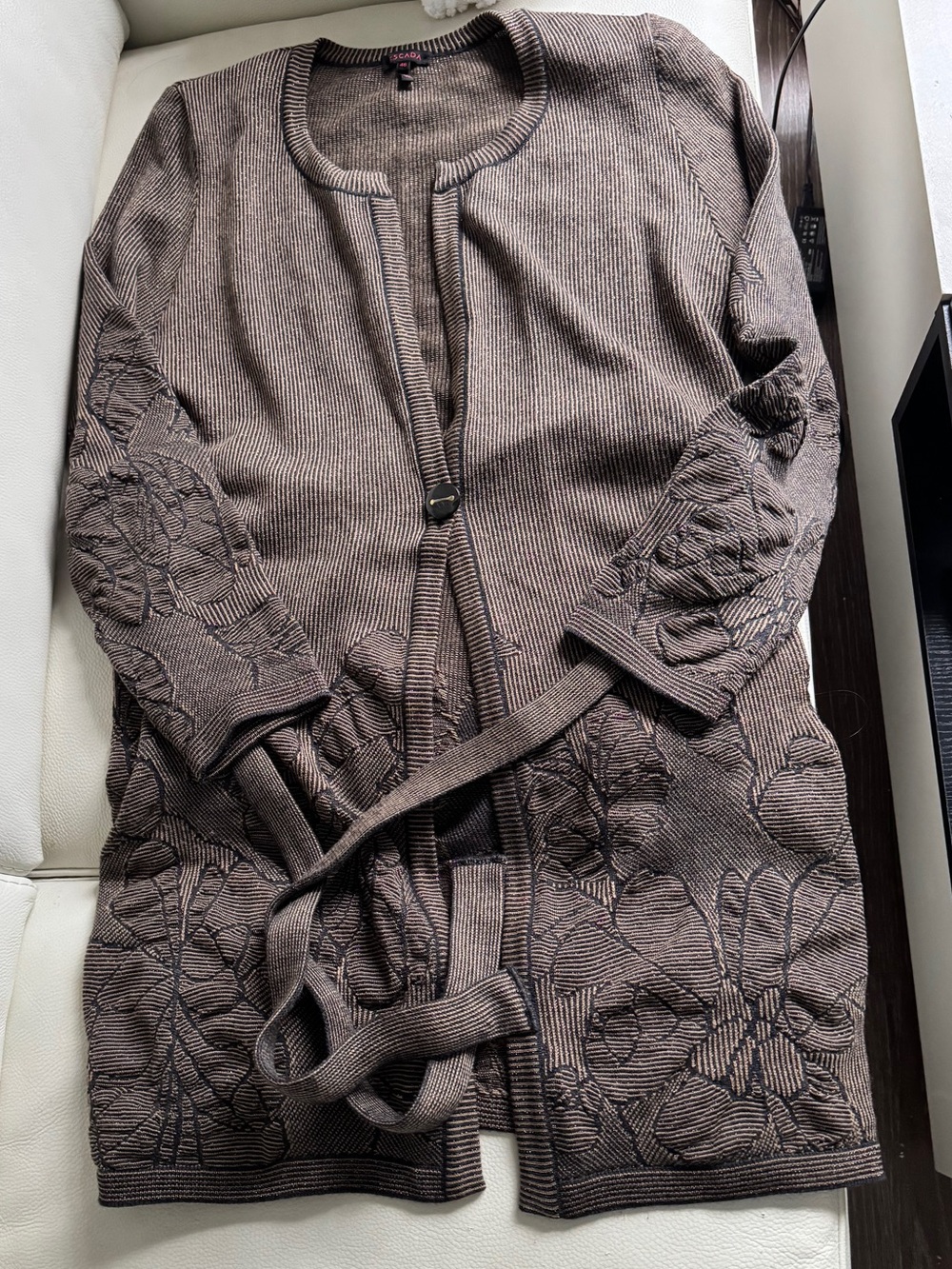 Escada Brown Floral-Embroidered Knit Belted Cardigan